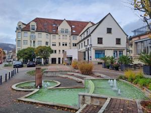 a town with a fountain in the middle of a street at Meublé 3 étoiles en centre-ville in Niederbronn-les-Bains