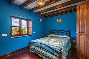 a blue bedroom with a bed and a window at Casa Rural Ricao in Cangas de Onís