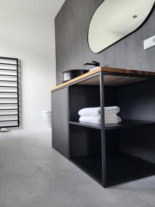 a bathroom with a shelf with towels on it at Ferienhaus Schlossterrassen 4a in Pouch