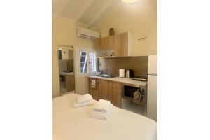 a kitchen with wooden cabinets and a white counter top at Studio Episkopos in Nikiana
