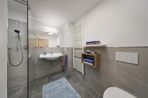 a bathroom with a shower and a sink and a toilet at Humblhof in Lagundo +46 photos