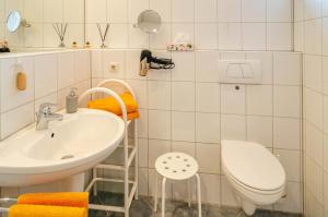 a bathroom with a sink and a toilet at Ferienhaus 'am Gänsepfad' in Hage