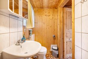 a bathroom with a sink and a toilet at Bungalow 12 - Finnhütte in Niesky +13 photos