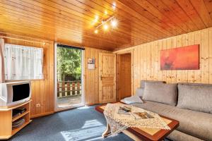 a living room with a couch and a tv at Bungalow 12 - Finnhütte in Niesky