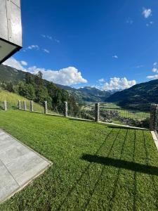 a grassy yard with a fence and mountains in the background at Apartment Bergglück Stummerberg in Stummerberg