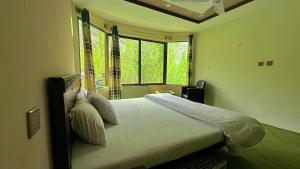 a bedroom with a bed with a large window at Flora Inn Skardu in Skardu