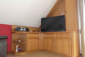 a flat screen tv sitting on top of a wooden entertainment center at Ferienwohnung Nordenau in Schmallenberg