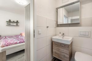 a bathroom with a sink and a toilet and a mirror at Ferienwohnung Marks - Hohnstein in Rathewalde +17 photos
