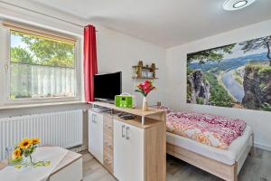 a bedroom with a bed and a desk with a tv at Ferienwohnung Marks - Hohnstein in Rathewalde