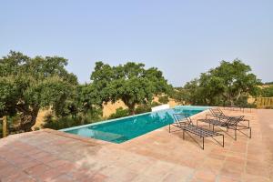 a patio with chairs and a swimming pool with trees at Dehesa El Alcornocal in Posadas