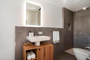 a bathroom with a sink and a toilet and a mirror at Allpano Pension und Ferienwohnungen in Dietmannsried +70 photos