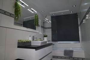 a bathroom with a sink and a large mirror at Dreams im Erdgeschoss in Koetz  +18 photos