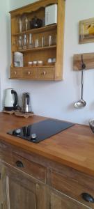a kitchen with a counter top with a stove top at Ostoja Kamionki in Giżycko