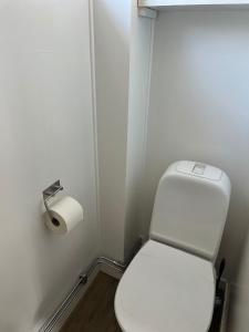 a bathroom with a white toilet and a roll of toilet paper at Mysig Stuga in Sveg