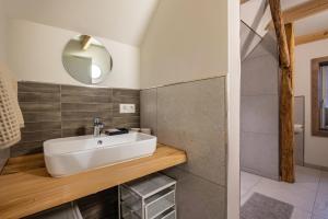 a bathroom with a white sink and a mirror at Schwalbenloft in Wagenfeld +28 photos