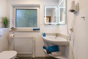a bathroom with a sink and a toilet and a window at Ferienhaus von Osten in Burg +17 photos