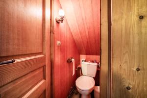 a bathroom with a toilet and a wooden wall at Chalet 4p Classique-Les Ancolies in Verchaix +12 photos