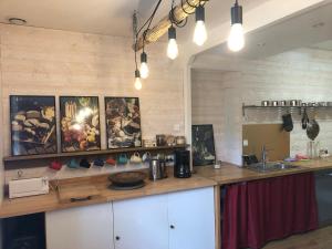 a kitchen with a counter top with paintings on the wall at Gîte Bonaty in Soulgé-sur-ouette