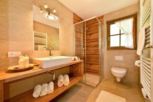 a bathroom with a sink and a toilet and a shower at Tratterhof Apt Astjoch in Vandoies