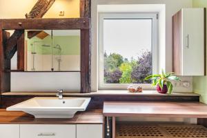 a bathroom with a sink and a window at Wohnung am Stadtrand im Grünen in Zeuthen +21 photos