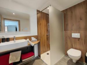ein Badezimmer mit Toilette, Waschbecken und Dusche in der Unterkunft Hümmer Chalets in Breitengüßbach + 31 Fotos