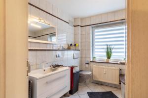 a bathroom with a sink and a toilet and a window at Ferienwohnung am Wald in Eppenrod +20 photos