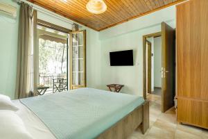 a bedroom with a large bed and a television at Old Boat apartment in Nikiana