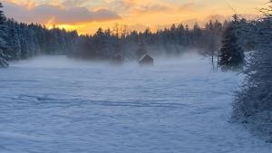 a snow covered field with a barn in the distance at Pfoten und Berge Oberreute in Oberreute