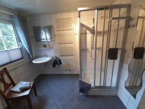 a bathroom with a shower and a sink at Ferienwohnung Zur Basemicke in Schmallenberg