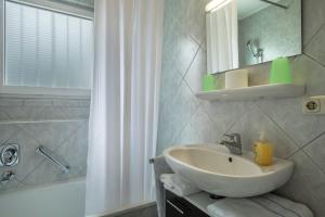 a bathroom with a sink and a mirror and a shower at Fewo Eg Rechts - Hunde erlaubt in Oberteuringen +11 photos