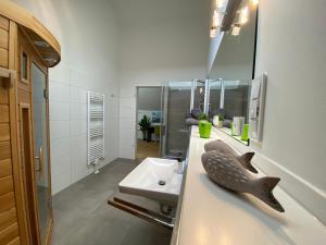 a bathroom with a sink and a shark head on a counter at Reeders Topp by Seeblick Ferien in Olpenitz +22 photos