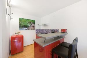 a small kitchen with a counter and a red refrigerator at Ferienwohnung Dittmar am Kaffeehof in Bad Liebenzell +13 photos