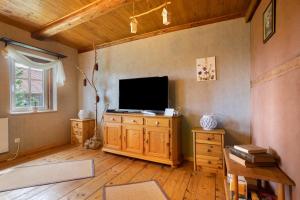 a living room with a television on a wooden cabinet at Ferienwohnung 'Zur Napoleonschanze' in Rathewalde