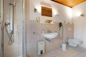 a bathroom with a shower and a sink and a toilet at Ferienwohnung 'Zur Napoleonschanze' in Rathewalde +18 photos