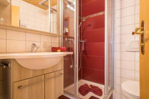 a bathroom with a shower and a sink at Ferienwohnung Risthof 3 in Owingen +19 photos