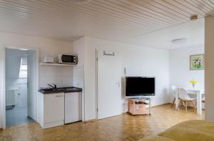a living room with a kitchen and a television at Ferienwohnung Maria Feucht in Überlingen