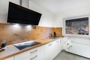 a kitchen with a sink and a flat screen tv at Fuchsmichelhof 3 in Seebach +36 photos