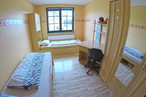 a dorm room with a bed and a desk and a window at Ferienbauernhof - Ferienwohnung 5 in Grünow