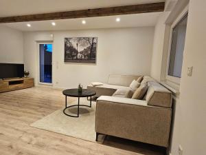 a living room with a couch and a table at Apartment mit Jacuzzi Enschede 10km in Gronau