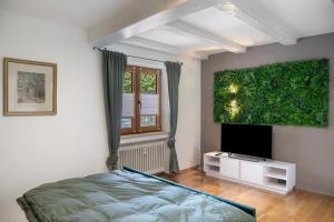 a bedroom with a bed and a flat screen tv at Ferienwohnung Pfingstrose in Garmisch-Partenkirchen