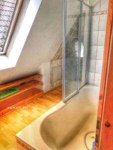 a bath tub with a shower in a room at Wohnung 3 in Burghaslach +23 photos