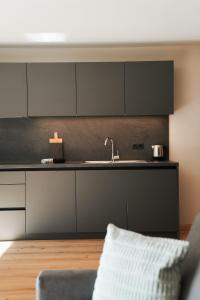 a kitchen with a sink and a counter at Aktiv Lodge Meran - Garden One in San Martino