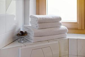 a stack of towels on a counter in a bathroom at New Teindlhof in Curon Venosta +51 photos
