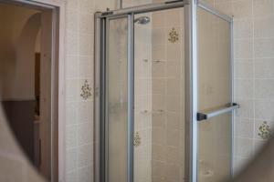 a shower with a glass door in a bathroom at Harzperle Wohnung Nr 6 in Braunlage +13 photos
