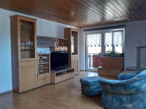 a living room with a couch and a television at Ferienwohnung am Geißberg in Kleines Wiesental
