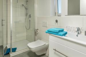 a bathroom with a shower and a toilet and a sink at Ferienwohnung Kunstmann in Überlingen +21 photos