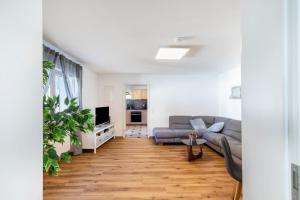 a living room with a couch and a tv at Pr-Ferienwohnung in Stierstadt