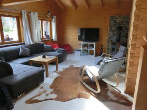 a living room with a couch and a tv at Chalet Finkennest in Neukirchen am Großvenediger