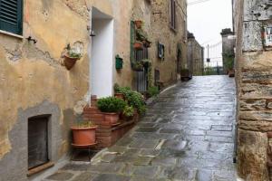 un callejón con macetas al lado de un edificio en Armaiolo Relax, en Rapolano Terme