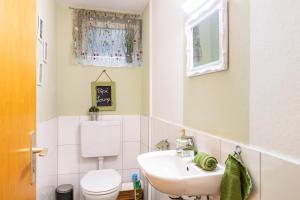 a bathroom with a white toilet and a sink at Ferienwohnung Schwarzwaldhirsch in Unterkirnach +18 photos